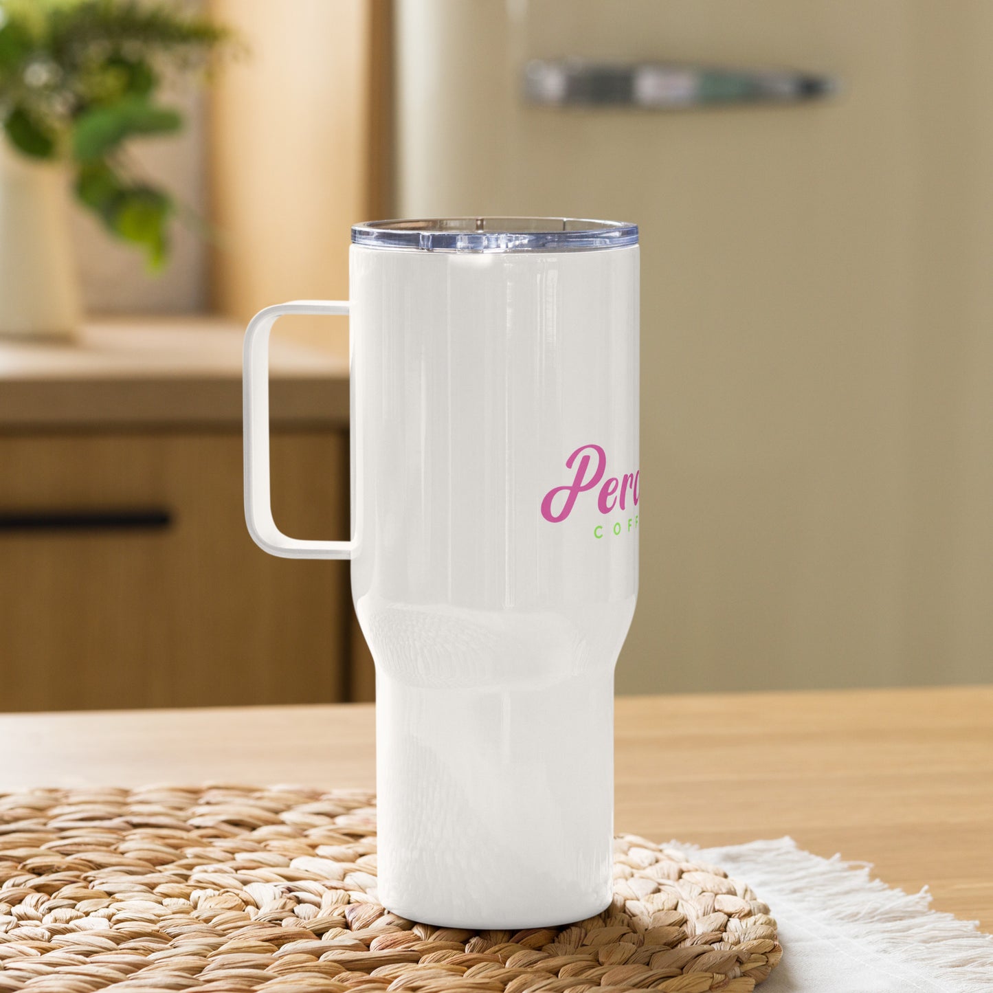 Percolated travel mug with handle